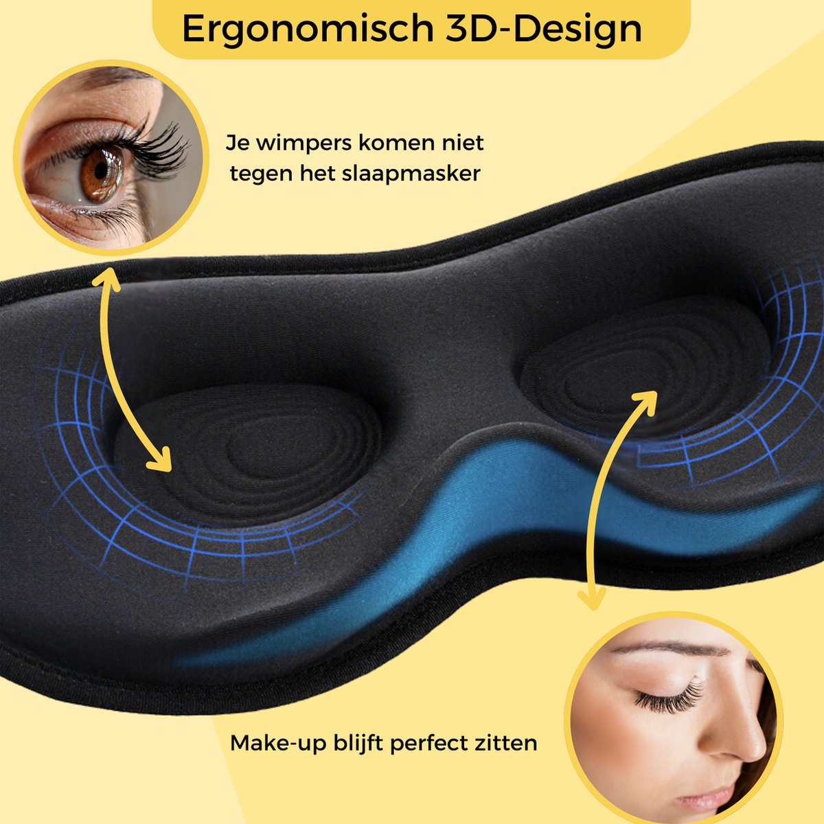 LAANAR® Slaapmasker Luxe 100% Verduisterend 3D Slaapmasker Vrouwen en Mannen - Ergonomisch en Verstelbaar Oogmasker Slaap - Premium Materialen Slaapmasker voor Zijslapers - Zwart — afbeelding 3