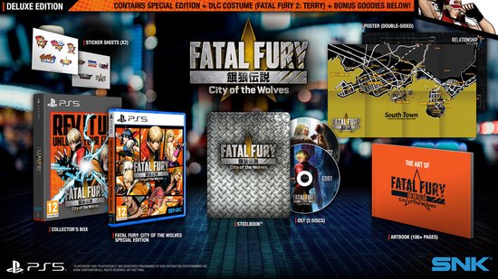 PS5 Deluxe Edition van Fatal Fury: City of the Wolves met steelbook, artbook, poster, OST en stickerbladen.