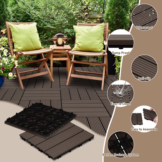 UISEBRT Houten tegels van acaciahout, 30 x 30 cm, 55 stuks, 5 stuks, 5 m², tuintegels voor terras en balkon, drainage, gemakkelijk te leggen