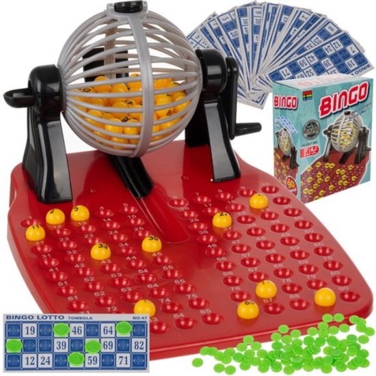 Groot bingo-spel, gouden metalen trommel, 150 chips, 75 bingo-ballen en speelbord van hout, 18 stabiele bingokaarten 500 bingokaarten papier, volwassenen en kinderen