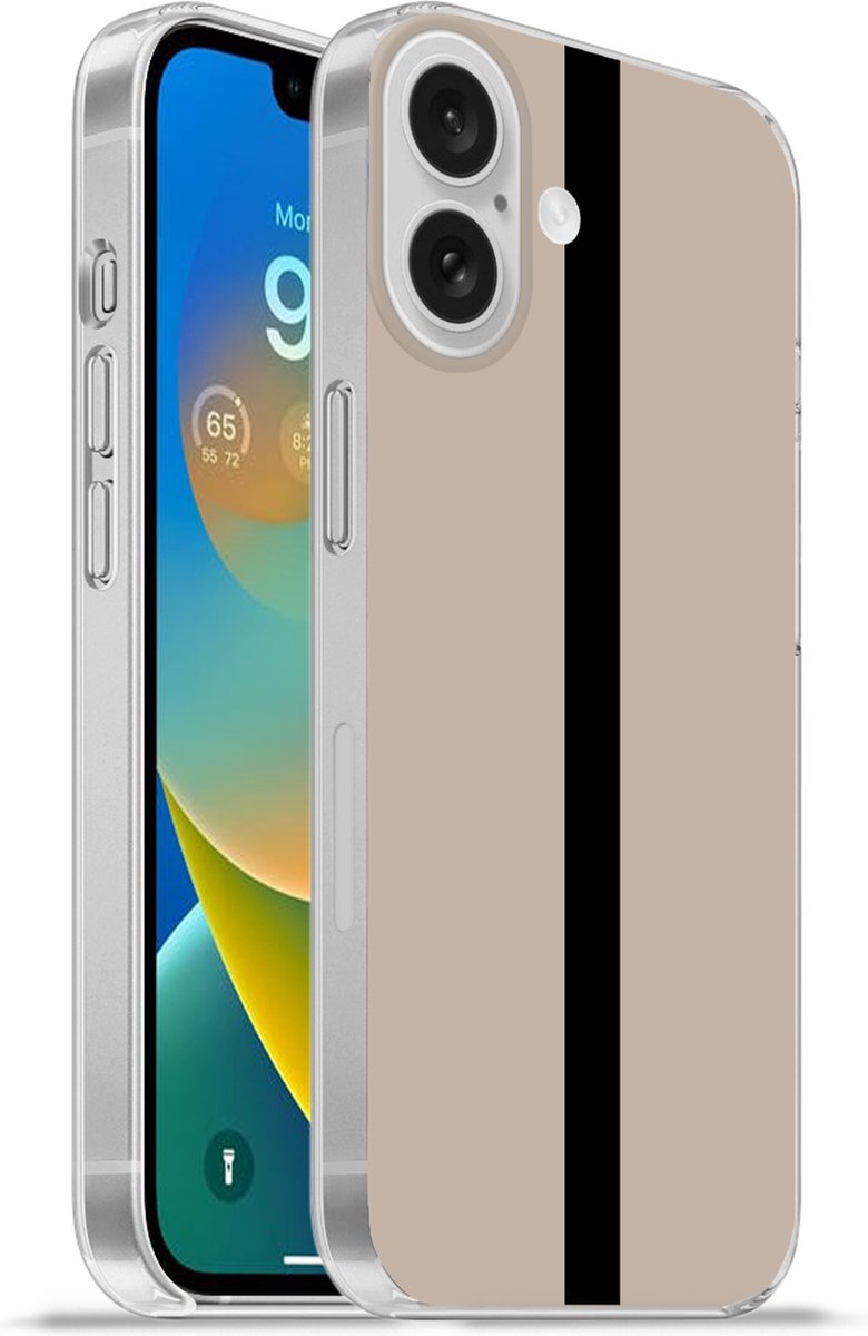 Telefoonhoesje Geschikt voor Apple Iphone 16 hoesje - Beige - Zwart - Streep - Minimalistisch - Siliconen Telefoonhoesje Telefoonhoesje