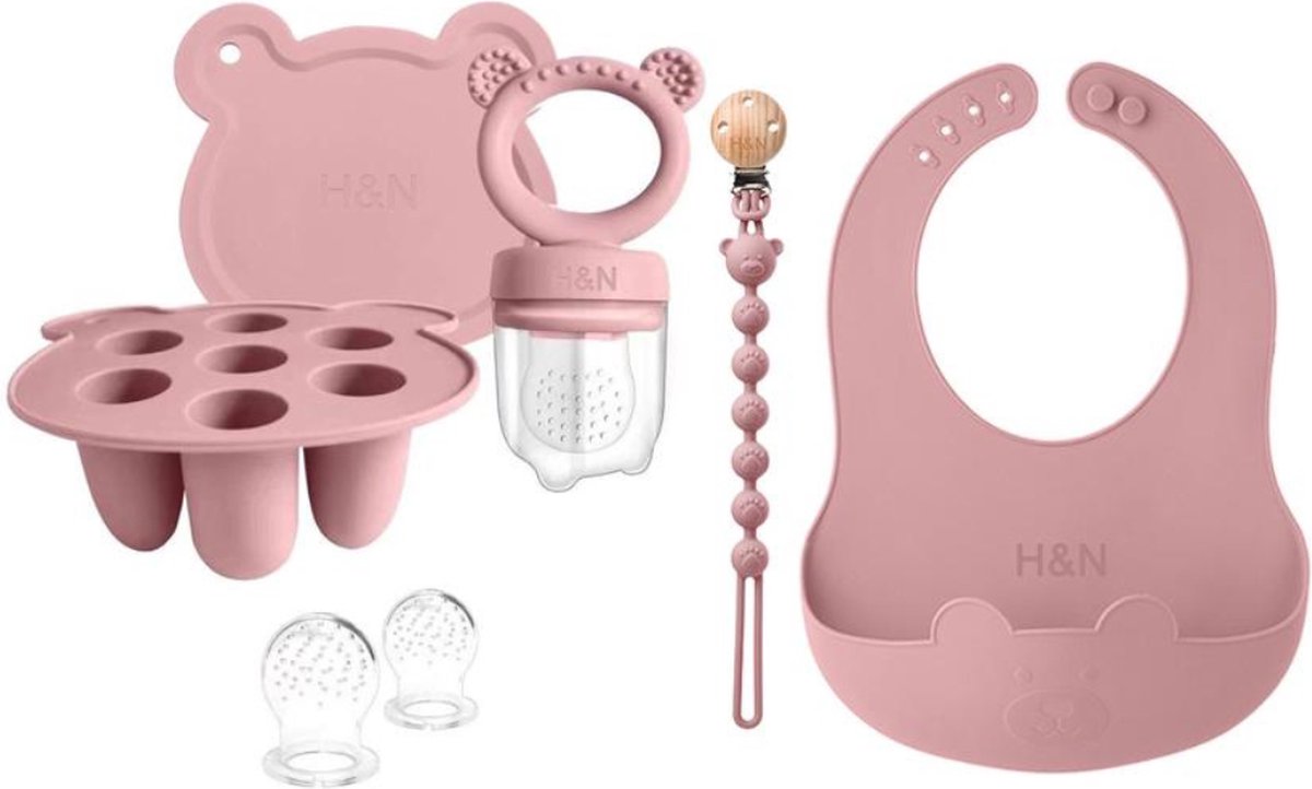 Goedkoopste Baby Voedingsspeen Set - Siliconen Voedingsspeen met vriesbakken en een slabbetje, fopspeenclip (Roze