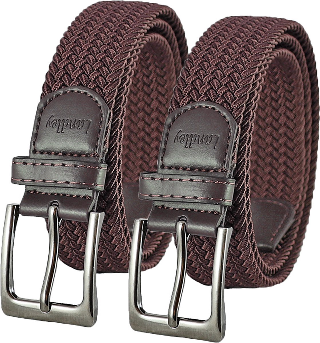 Landley Elastische Gevlochten Stretch Riemen Duopack - Voordeelset met 2 riemen - Dames en Heren - Bruin - Lengte totaal 120 cm / Riemmaat 105