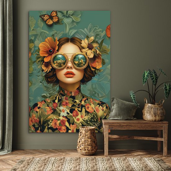 Tableau aluminium 100x150 cm - Décoration murale métal - Femme - Fleurs - Papillons - Nature - Vintage - Décoration murale métal salon - Décoration industrielle - Photo sur dibond - Accessoires industriels chambre