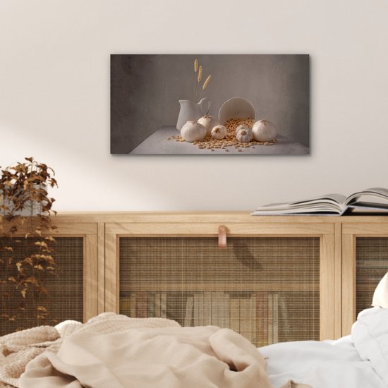 Aluminium schilderij 40x20 cm - Wanddecoratie metaal - Uien - Stilleven - Wit - Beige - Metalen muurdecoratie woonkamer - Decoratie industrieel - Foto op dibond - Industriële accessoires slaapkamer