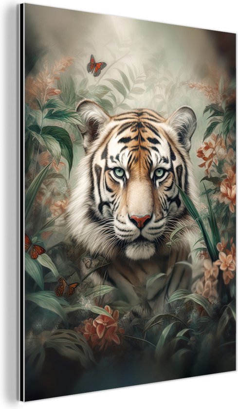 Décoration murale Métal - Peinture Aluminium Industriel - Tigre - Papillons - Animaux - Jungle - Fleurs - 90x120 cm - Dibond - Photo sur aluminium - Décoration murale industrielle - Pour le salon/chambre