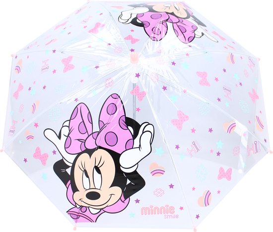Transparante paraplu met Minnie Mouse, roze strikken, vlinders en sterren. Roze accenten.