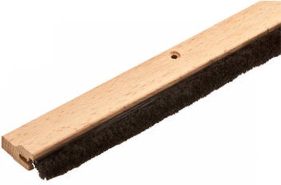 Houten tochtprofiel met donkergrijze borstels aan de onderkant en een schroefgat in het midden.