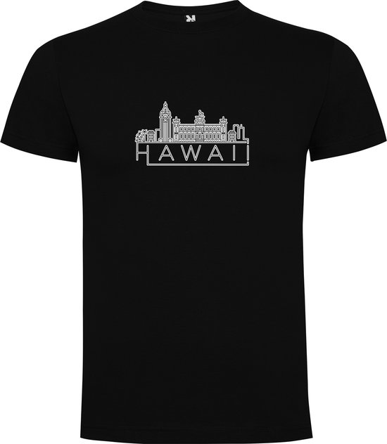 Zwart T-Shirt met “ Skyline Hawaii – Vakantiegevoel – Strak – Modern “ Print Full Color Maat L