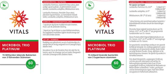 Vitals Microbiol Trio Platinum - 60 capsules - Biotica. 15 miljard levende bacteriën van 3 superieure stammen per capsule.