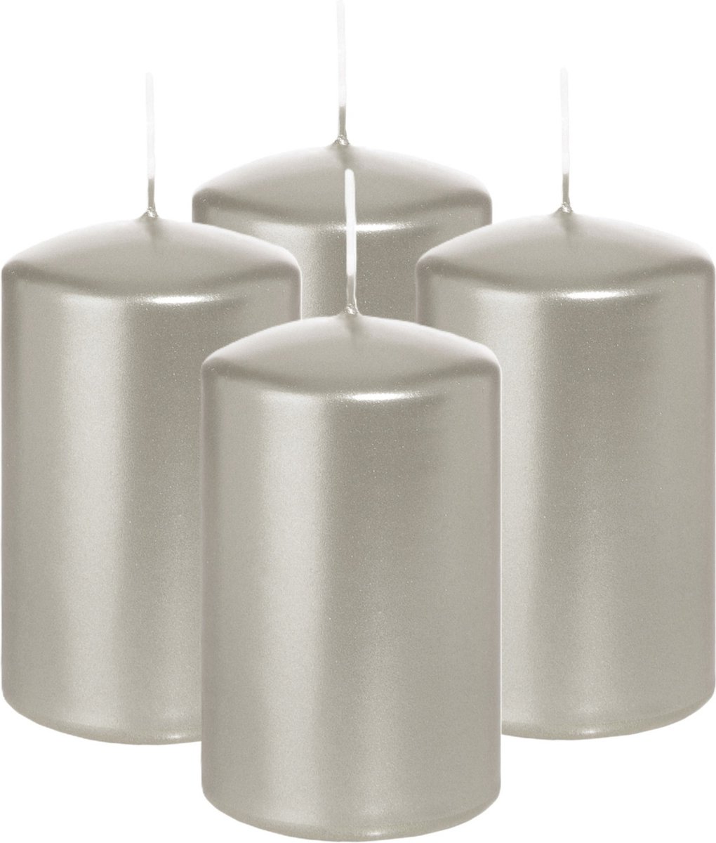 Wiedemann Cilinderkaars/stompkaars - 4x - metallic zilver - 6 x 8 cm - 29 branduren - zuilkaarsen