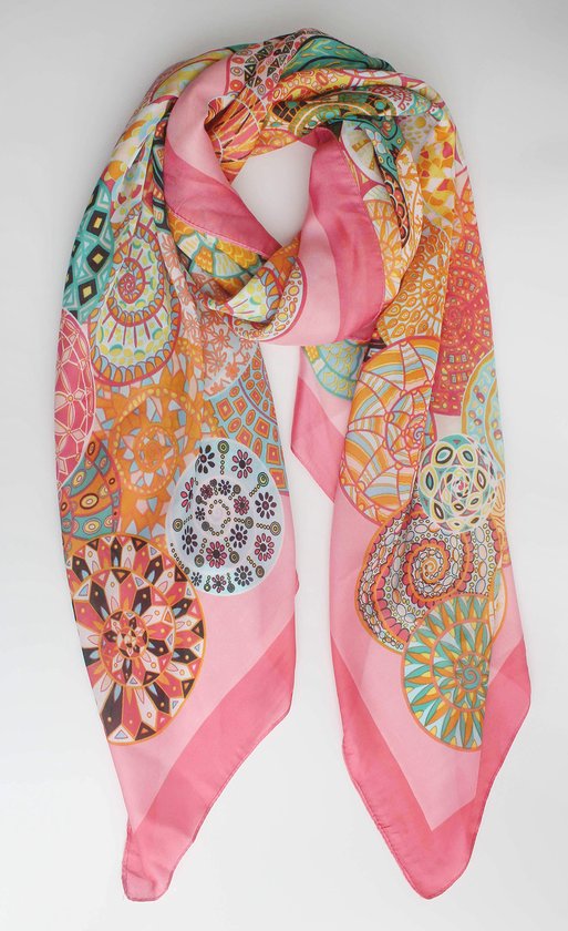 Onesto scarf- Accessories Junkie Amsterdam- Sjaal dames- Lang- Katoen satijn- Cosy chic- Bladeren- Roze oranje