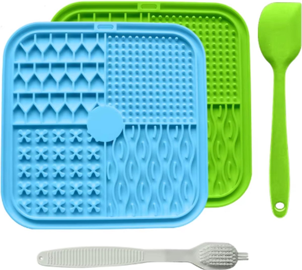 Rieba® Likmat Honden 2 stuks – 20x20cm - Hondenlikmat - Slowfeeder Hond – Anti Schrok Voermat – Met Spatel en Schoonmaakborstel – Silicone Zuignap Groot – Groen - Blauw