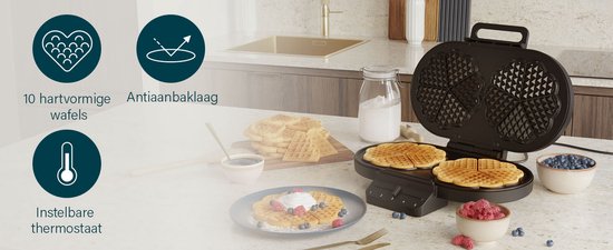 Princess 132384 Dubbel Wafelijzer - 10 hartvormige - 1200W - Regelbare thermostaat- 5 standen - Anti aanbaklaag - PFAS-vrij - Zwart - Gaufrier van Princess — afbeelding 4