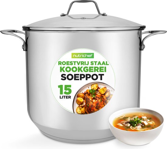 NutriChef Kookpot - Roestvrij Staal Inductie Kookpan- Grote Stoofpot- Sudderpot- Soeppot met Doorzichtig Deksel- Vaatwasmachinebestendig - 15 Liter Pot