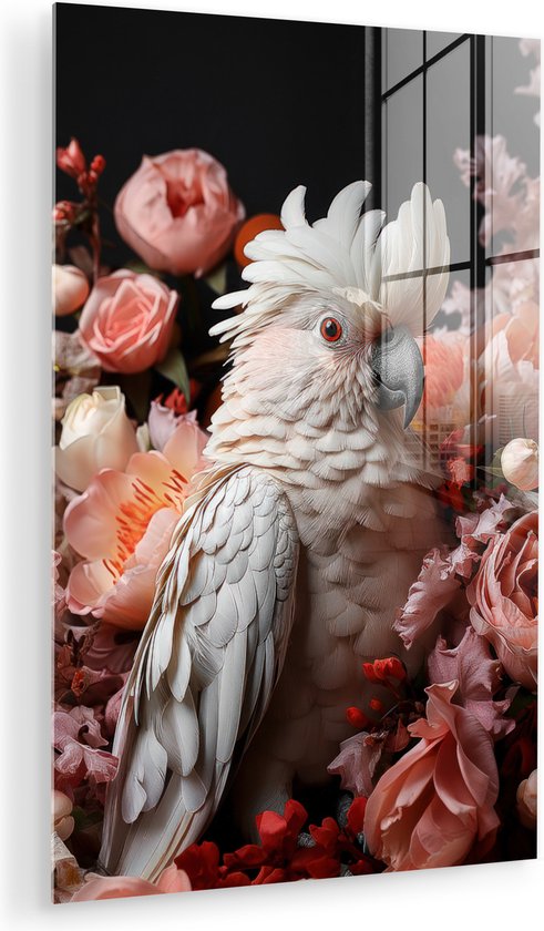 MuchoWow® Peinture sur verre 80x120 cm - Peinture sur verre - Cacatoès - Animal - Nature - Botanique - Fleurs - Rose - Photo sur verre acrylique - Peintures