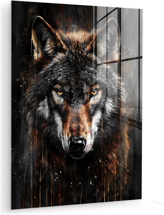 MuchoWow® Glasschilderij 60x80 cm - Schilderij acrylglas - Dieren - Wolf - Portret - Zwart - Bruin - Foto op glas - Muurdecoratie woonkamer - Wanddecoratie slaapkamer - Schilderijen