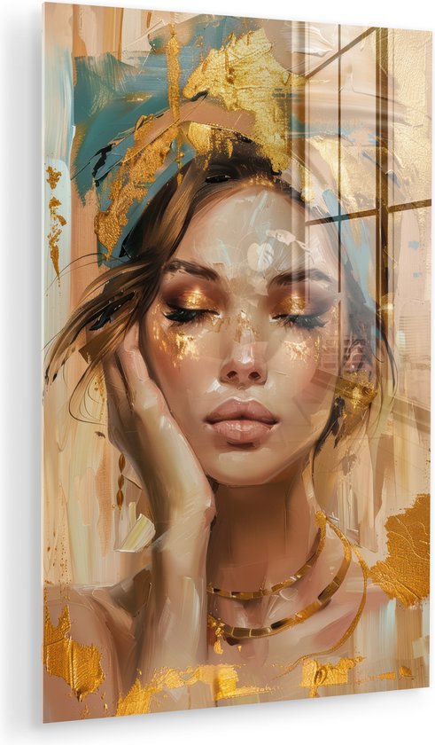 MuchoWow® Peinture sur verre 60x90 cm - Peinture sur verre acrylique - Femmes - Portrait - Luxe - Or - Photo sur verre - Décoration murale salon - Décoration murale chambre - Peintures