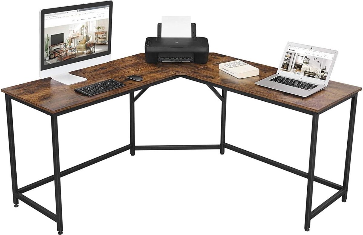 Stijlvolle computertafel - rustiek bruin - 149x149x75 cm - spaanplaat, staal