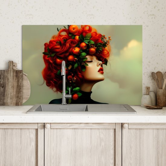 Crédence de Cuisinière en Aluminium 70x50 cm - Femme - Pommes - Rouge - Feuilles - Écran Pare-éclaboussures pour Plaque de Cuisson - Protection Murale