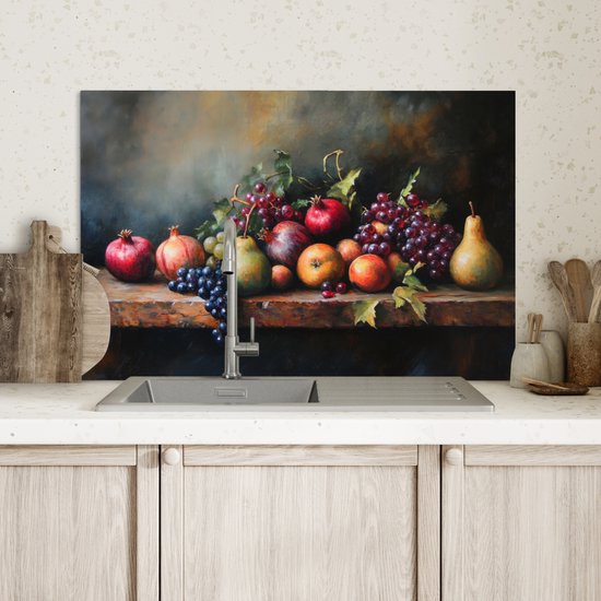 Crédence de Cuisinière en Aluminium 60x40 cm - Rustique - Nature morte - Fruits - Écran Pare-éclaboussures pour Plaque de Cuisson - Protection Murale