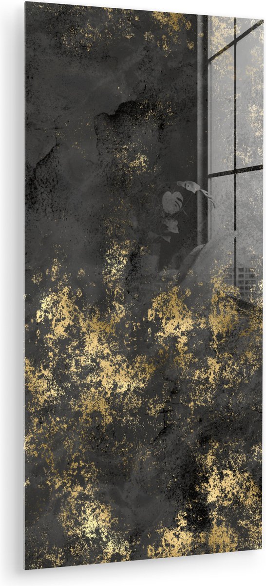 ® Glasschilderij 20x40 cm - Schilderij acrylglas - Goud - Verf - Abstract - Zwart - Foto op glas - Muurdecoratie woonkamer - Wanddecoratie slaapkamer - Schilderijen