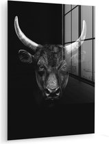 MuchoWow - Glasschilderij - Foto op glas - Dieren - Stier - Zwart - Wit - Acrylglas - 30x40 cm - Woonkamer - Muurdecoratie glas - Glasschilderij zwart wit - Wanddecoratie