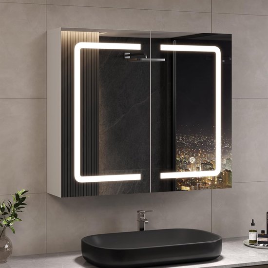 Badkamerspiegelkast met verlichting en stopcontact, dubbele deur, spiegelkast, badkamer, 70 x 16 x 60 cm, badkamerkast met spiegel, hangkast, badkamerspiegel, 3 kleurtemperaturen, dimbaar, wit HMTM-503280