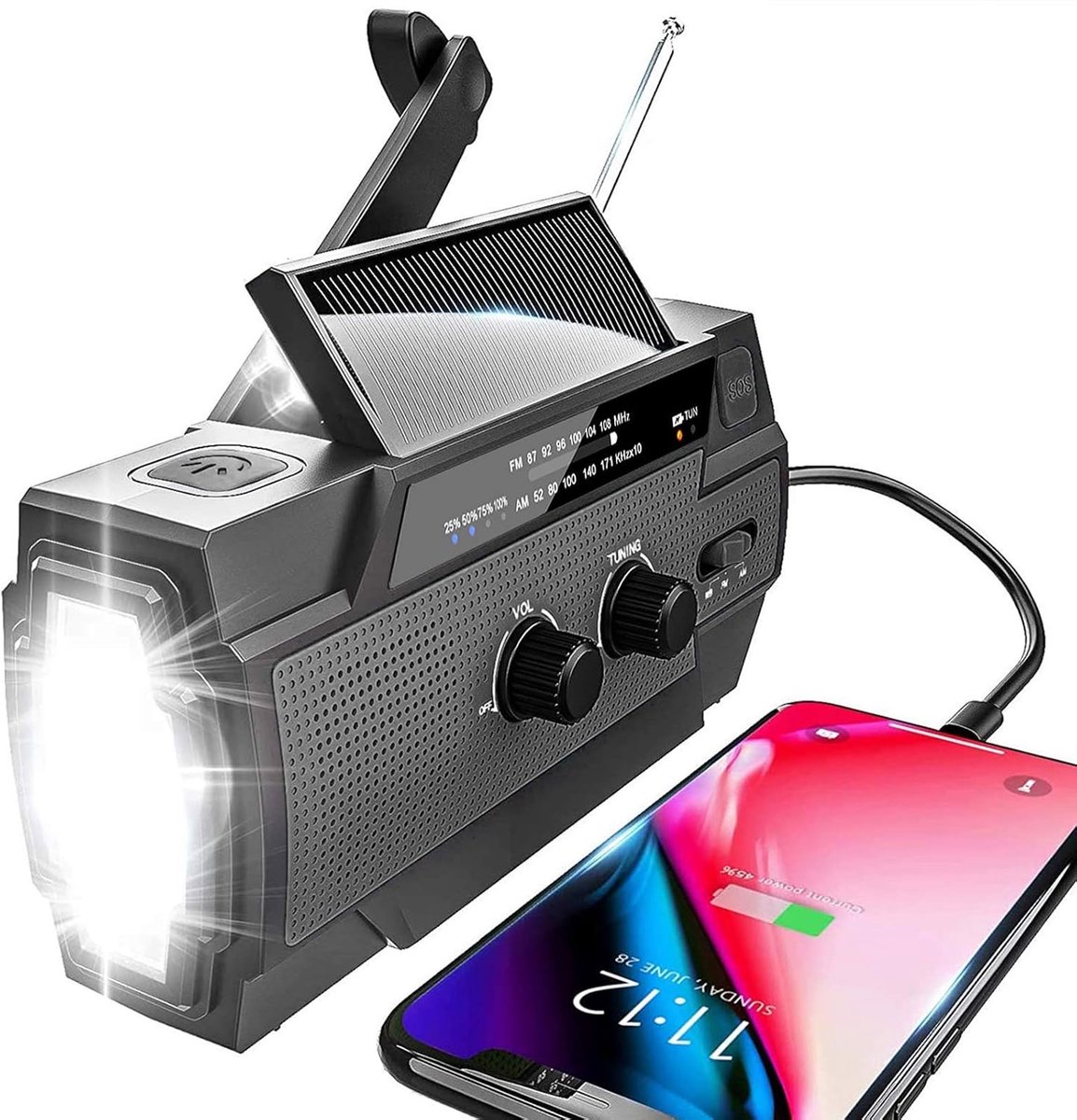 Noodradio Solar Opwindbaar en Batterij - Noodpakket - Draagbare Survival Radio - 4000 mAh - Powerbank Zonneenergie - Bouwradio - Zaklamp – Zwart