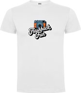Wit T-Shirt met “Kleurrijke Flashback Fun - Fotocamera – Jaren 80 – Good Vibes – Muziek “ Print Full Color Maat M