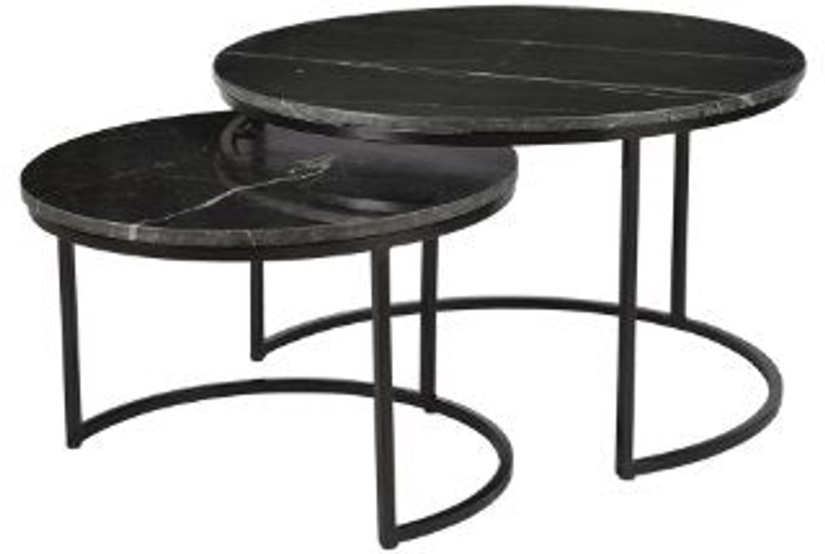 Salontafelset Rond set van 2 - Mangohout Zwart - Bijzettafels - Salontafel Zwart Marmer Rond - Bijzettafeltjes Woonkamer - Salon Tafel Mangohout Rond - Salontafel industrieel Landelijk - Tafeltje Set 2 stuks Zwart (70 cm x 70 cm x 40 cm)
