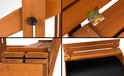Close-ups van een houten zandbak: stelschroef, scharnier, opgestapelde bankplanken en gesloten bank.