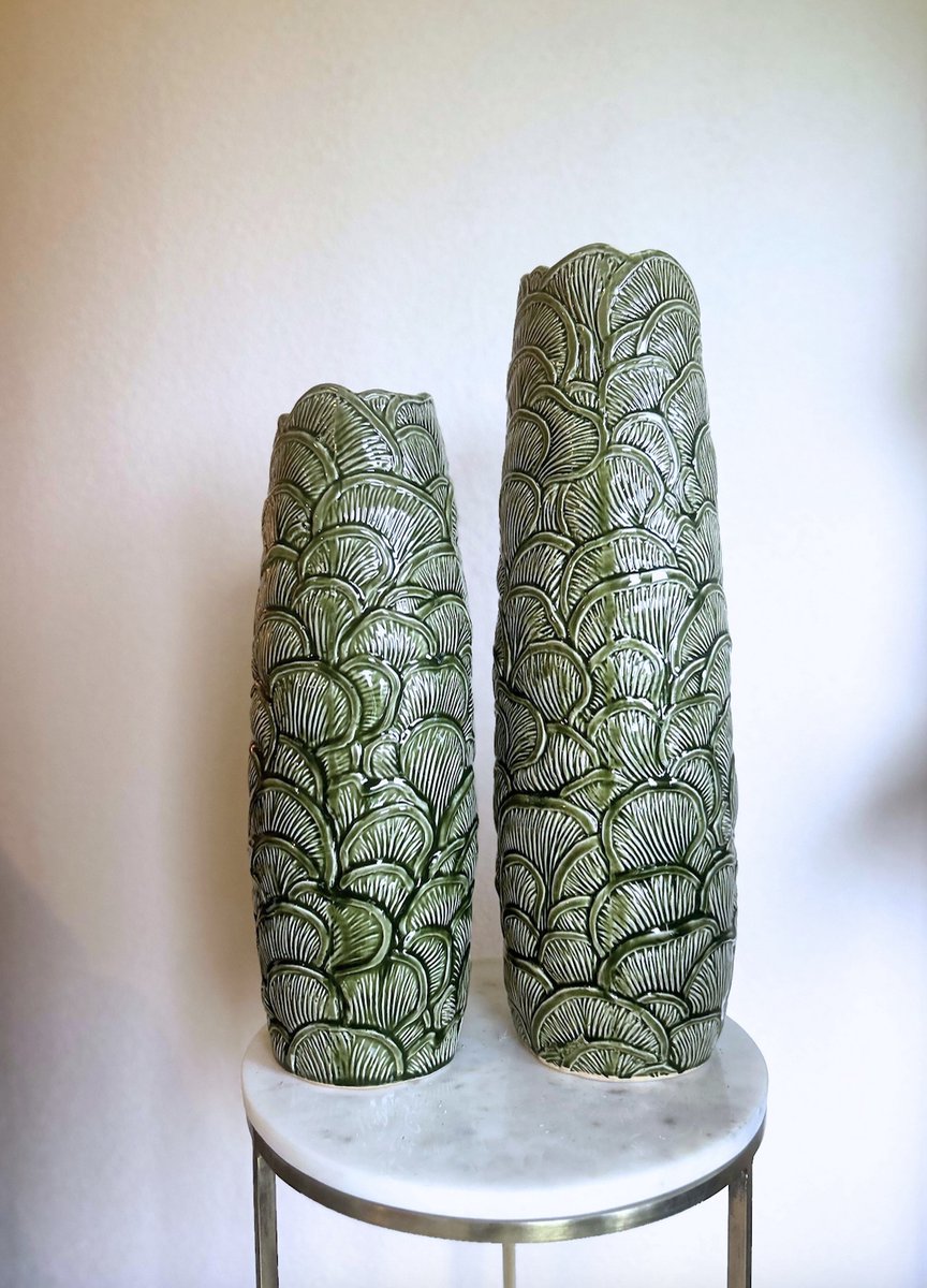 ACTIE SET Light en Living vazen groen - TOINE -Ø14×40,5 cm en Ø15×48,5 cm - Set - Groene vazen - La Florista