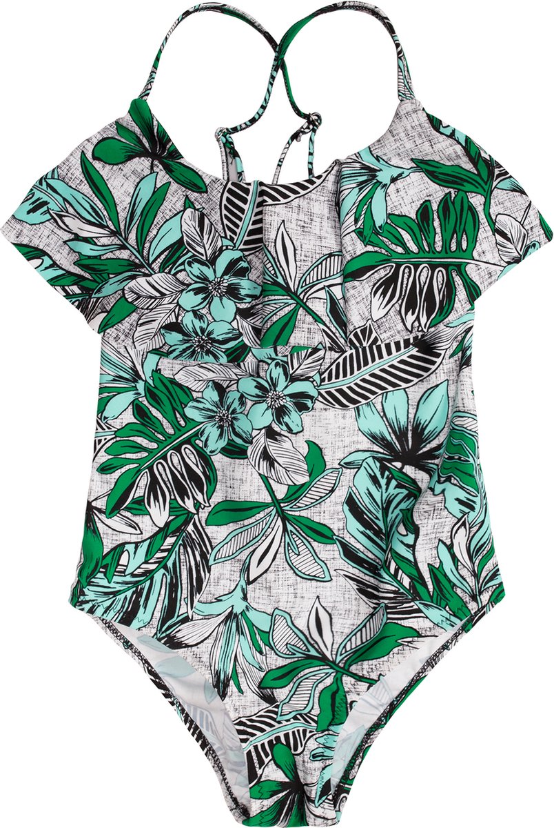 Badpak met volant voorkant - Jungle bloemen 116-122
