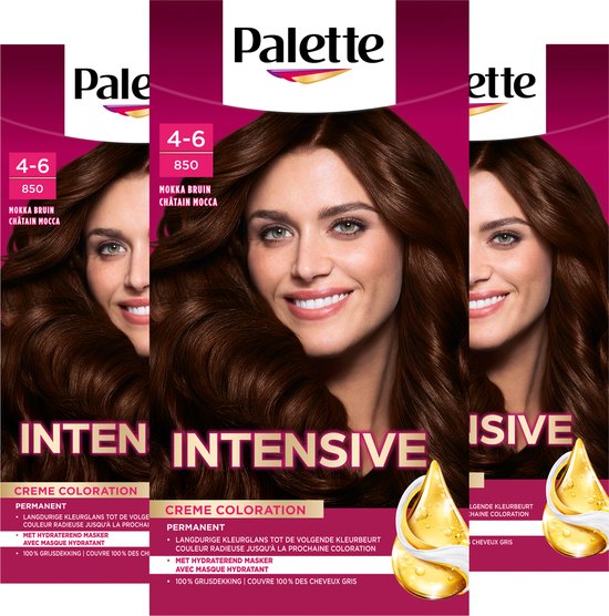 Palette Intensive Haarverf - Drie verpakkingen naast elkaar met een model met lang, golvend bruin haar en de tekst 'Intensive Creme Coloration'.