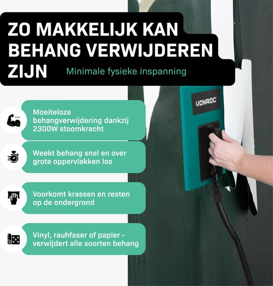 Hand op behangafstomer, "ZO MAKKELIJK KAN BEHANG VERWIJDEREN ZIJN".