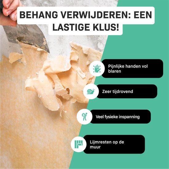 Verwijderen van oud behang met een krabber, illustrationen van pijnlijke handen, tijdrovend, inspanning.