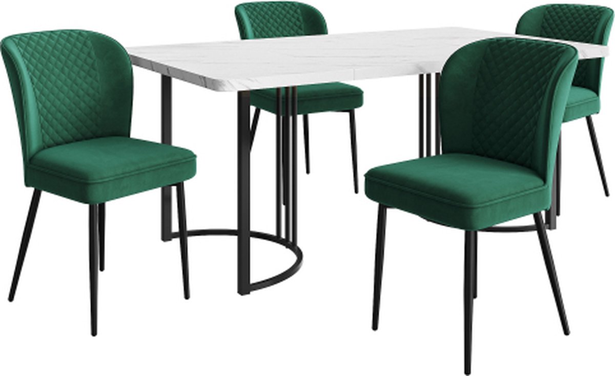 Gotagee Eetset Eettafel met 4 stoelen Donkergroen Fluweel Eetkamerstoel Gestoffeerde stoel Keukentafel set MDF tafelblad in wit Zwart tafelpoten