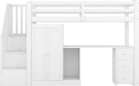 Tussenbed 140x200 Met Trap, Wit Houten Kinderbed Met Opbergplank Eenvoudige Kledingkast