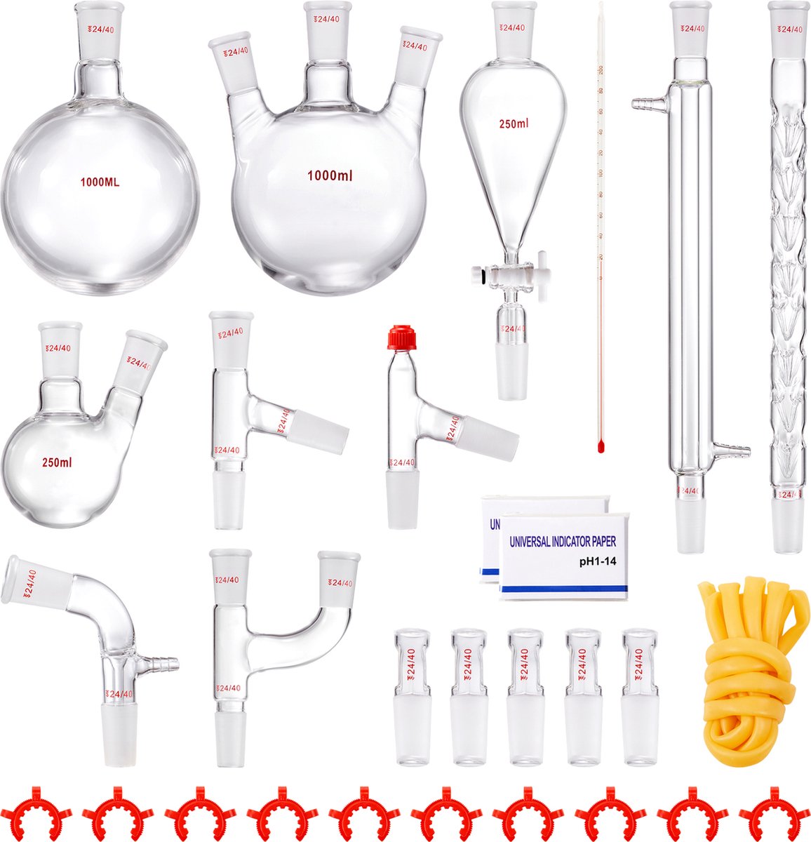 VEVOR Laboratoriumglasdestillatieset 1l 3,3 Boro 29-Delig. Rondbodemkolven Van Glaswerk