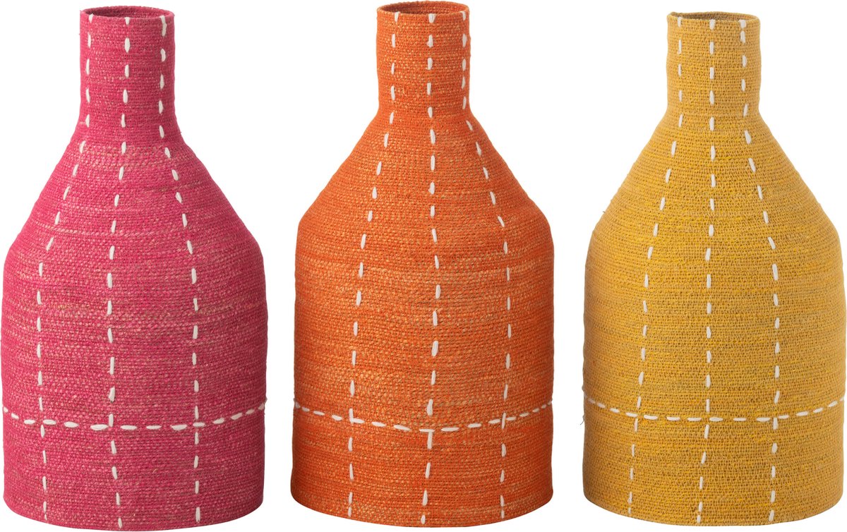 J-Line vaas Strepen - riet - roze/oranje/geel - 3 stuks - 50 cm hoog Multi