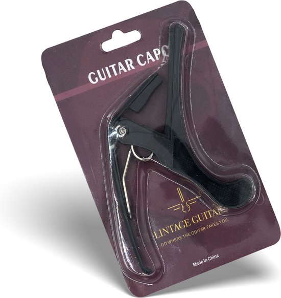 Zwarte gitaarcapo in verpakking, met "GUITAR CAPO" en "LINTAGE GUITARS" logo.