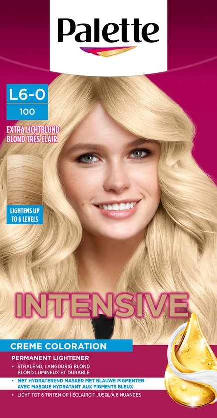 Palette logo bovenaan. "L6-0 100 EXTRA LICHTBLOND". Model met lang, golvend, blond haar. "LIGHTENS UP TO 6 LEVELS". "INTENSIVE CREME COLORATION". Beschrijving van productvoordelen.