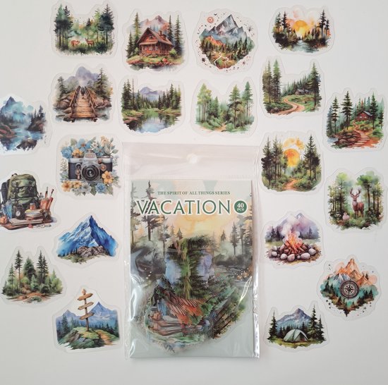 Vakantie stickers – Bergen – Transparante stickers – 40 stuks – Groen – Scrapbook – Bullet journal stickers – Reizen – laptop stickers – Stickers volwassenen en kinderen
