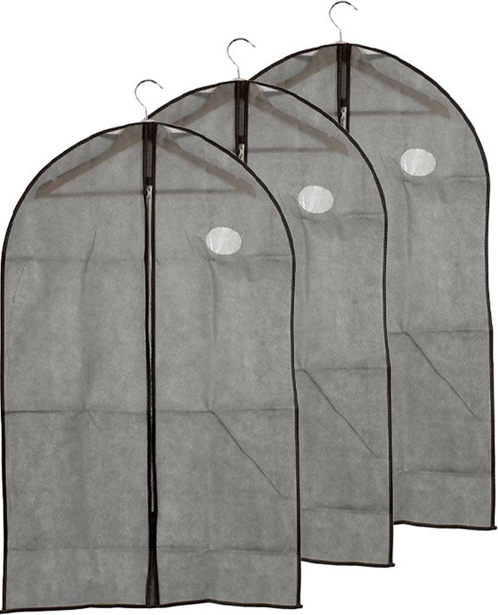 Kipit Kledinghoes - 3x - met kijkvenster - grijs - 60 x 100 cm - kledingzak - voor jurk of pak