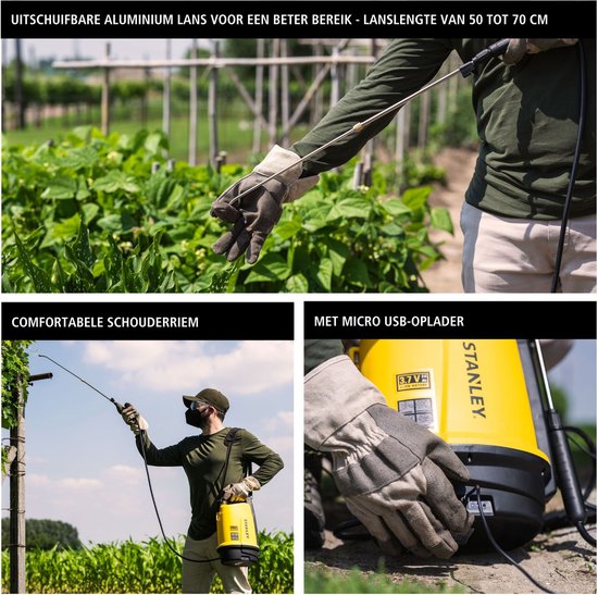 Stanley Druksproeier 5 L, drukspuit, sproeier tuin, elektrisch, heroplaadbare batterij lithium, telescopische lans, regelbare sproeikop, autonomie 2.5 h, max. 2 bar, 0.33 L/minuut, geel/zwart van Merkloos	 — afbeelding 4