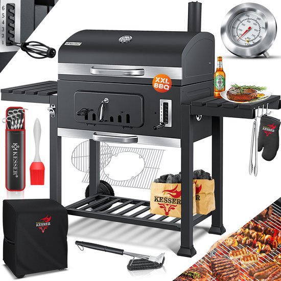 KESSER® Houtskoolbarbecue XXL Barbeque Houtskool met Deksel, Wielen, Afdekkap, Roestvrij Stalen Handvat, Barbecuerooster en Thermometer, 8 Spiesen met Zakje & siliconen Borstel, grote BBQ Camping Terras Tuin van KESSER — afbeelding 5