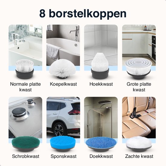 Collage van 8 borstelkoppen: plat, hoek, grote platte, koepel, schrob, spons, doek en zachte kop voor diverse schoonmaaktaken.