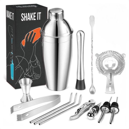KitchenBrothers Cocktail Set - 13 delig - Complete set - Cocktail Shaker (750ml) - RVS - Met Receptenboekje - Cadeauverpakking