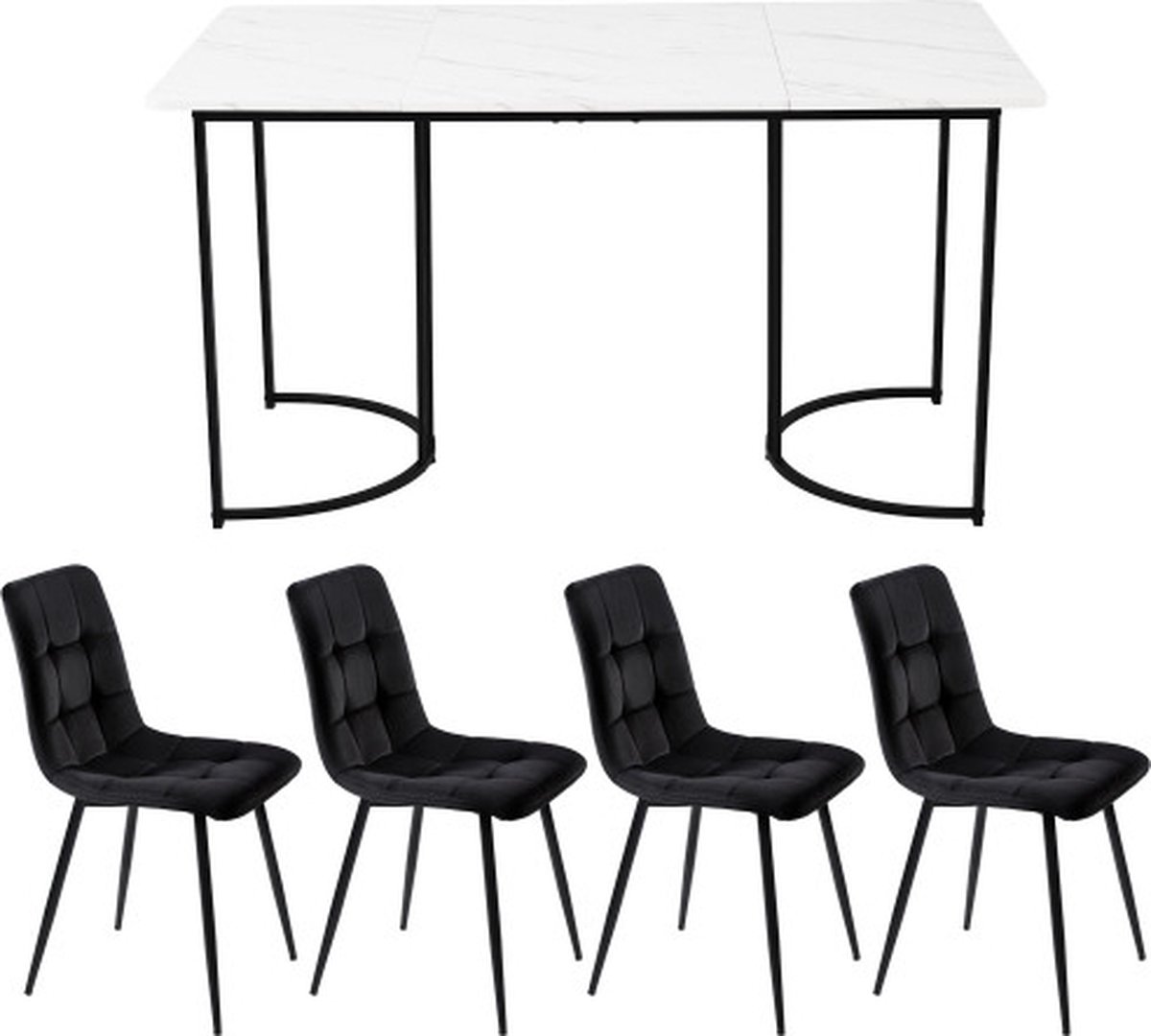 Gotagee Eetset (5-delig) Eettafel met 4 stoelen set Zwart Fluweel Eetkamerstoelen Keukentafelset met Zwarte metalen poten MDF tafelblad in wit